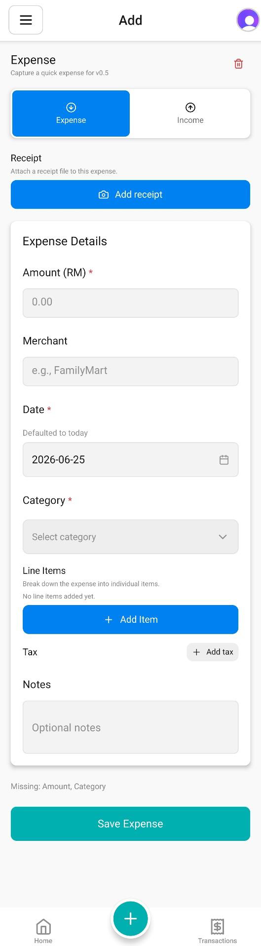 NiagaKira add expense screen with an Add receipt button, amount, merchant, date, category, line items, tax and notes fields, and a Save Expense button