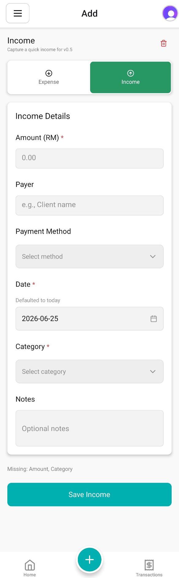 NiagaKira add income screen with amount, payer, payment method, date, category and notes fields and a Save Income button