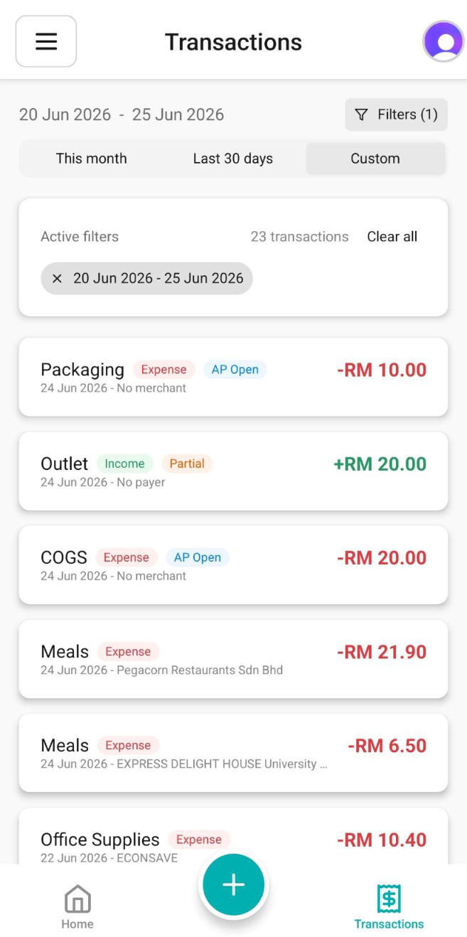 NiagaKira transactions screen listing recorded income and expense entries with dates, categories, merchants and amounts